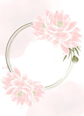 Wreath of delicate lotus flowers and gold line. Round floral frame with flowers for design of cards, covers, etc
