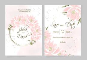 Versatile templates for wedding card designs, notepad covers or invitations. Festive watercolor design with gold line and lotus flowers in a round frame with space for text. vector