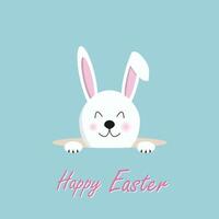 Happy Easter text with rabbit pokes his head out of the hole on green background for postcard, card, invitation, poster, banner template lettering typography. Seasons Greetings. illustration vector