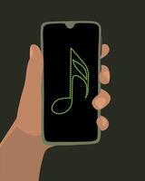 ilustración de música en línea. teléfono en mano con un Nota en el pantalla. escucha a música. música programa. vector