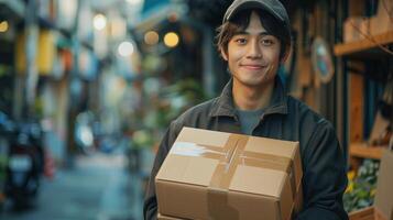 Man Holding Box in City Street photo