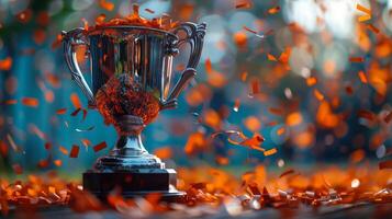 Silver Trophy Surrounded by Confetti and Streamers photo