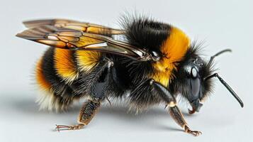 cerca arriba de un abeja en blanco antecedentes foto