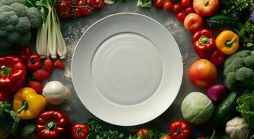 Variety of Fresh Vegetables Surrounding a White Plate photo