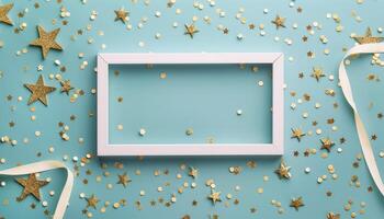 White Frame Surrounded by Gold Stars and Confetti photo