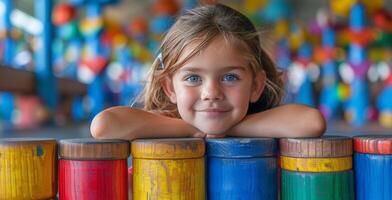 pequeño niña jugando con juguetes a mesa foto