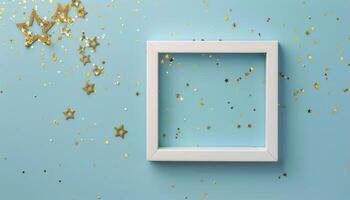 White Frame Surrounded by Gold Stars and Confetti photo