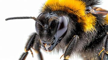 cerca arriba de un abeja en blanco antecedentes foto