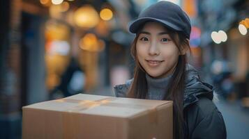 Woman Holding Box on City Street photo