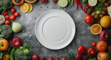 Variety of Fresh Vegetables Surrounding a White Plate photo