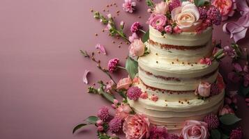 Three Tiered Cake With Pink Flowers photo