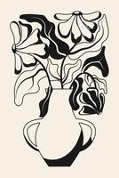 Abstract floral poster.Black and white illustration of flowers in a vase in trendy naive retro hippie style of 60s 70s. Modern poster and background. vector