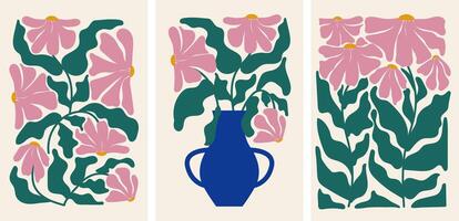 conjunto de resumen floral carteles.florales botánico ilustración. moderno póster y antecedentes en de moda ingenuo retro hippie 60s 70s estilo. vector