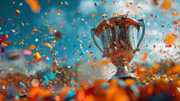 Silver Trophy Surrounded by Confetti and Streamers photo