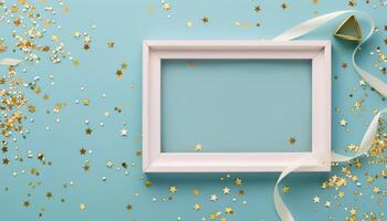 White Frame Surrounded by Gold Stars and Confetti photo