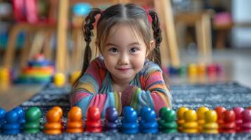 pequeño niña jugando con juguetes a mesa foto