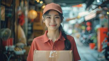 Woman in Red Shirt Holding Box photo