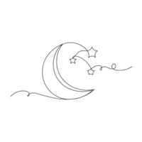 Moon and stars continuous one line drawing isolated. vector