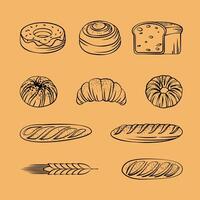 A collection of hand drawn line art depicting various delicious baked goods vector