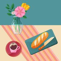 An illustration of bread, coffee, and flowers on a tablecloth vector