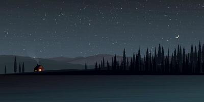 Minimalist countryside landscape at night with lake, mountain ranges, country house and silhouette pine forest graphic illustrated have blank space. vector