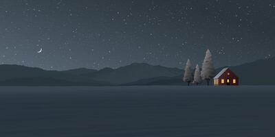minimalista campo paisaje a noche con país casa, pino arboles y montaña rangos gráfico ilustrado tener blanco espacio. vector