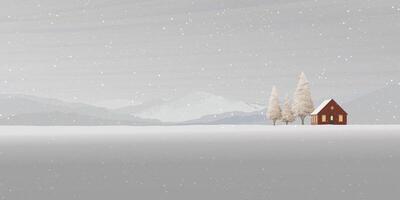 Snowfall in minimalist countryside landscape with country house, pine trees and mountain ranges graphic illustrated have blank space. vector