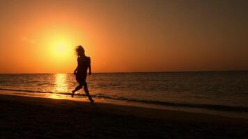 langzaam beweging vrouw rennen blootsvoets door strand Bij gouden zonsondergang weggaan voetafdrukken in zand. vrouw toerist Aan zomer vakantie video