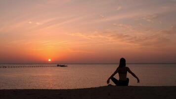 bellissimo donna fare yoga su marino spiaggia. uno adulto ragazza a luminosa panoramico mare. moderno romanza di oceano bagnarsi e sorprendente estate cielo a tramonto. video