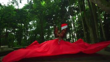 une interprète dans traditionnel costume avec une écoulement rouge en tissu représente le indonésien drapeau dans une luxuriant vert forêt réglage video