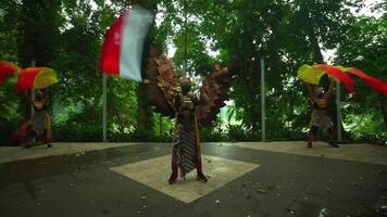 tradicional dançarinos dentro vibrante fantasias realizando dentro uma exuberante verde parque, com dinâmico movimento e colorida fitas video