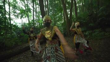 Traditional Balinese dancers in ornate costumes and masks performing in a lush forest setting, showcasing cultural heritage video