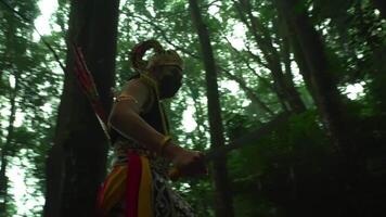 tradicional balinés bailarín en florido disfraz ejecutando en un lozano bosque configuración, exhibiendo cultural patrimonio y artístico expresión. video