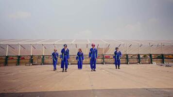 Group of workers in blue uniforms dancing in front of industrial greenhouses. video