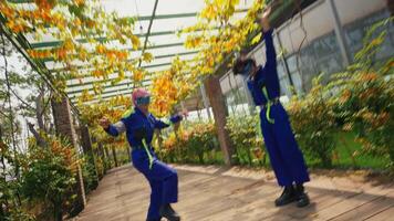 Two people in colorful outfits dancing in a greenhouse with autumn foliage. video