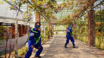 Worker in blue overalls walking through a lush greenhouse with hanging plants and brick columns. video