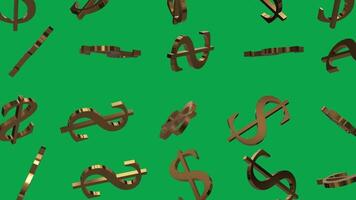 golden dollar sign symbol 3d shape falling loop animation on green screen chroma key background video