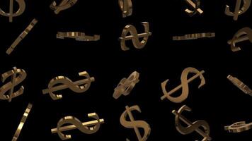 golden dollar sign symbol 3d shape falling loop animation background video