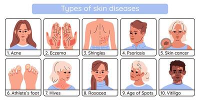 Infographics of types of skin diseases. Scheme of different dermatological skin diseases young, old people. vector