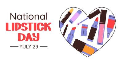 National Lipstick Day banner. Various colorful lipstick bottles and festive lettering. flat background, poster, postcard, flyer. vector