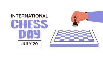 International Chess Day background. Person holding pawn over chessboard. banner. vector