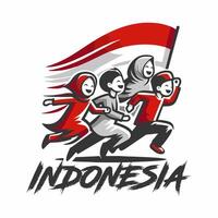 poster of people running carrying the Indonesian flag, the red and white flag, for the independence event of 17 August 1445 vector