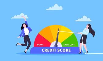 Woman pulls credit score arrow gauge speedometer indicator with color levels. vector