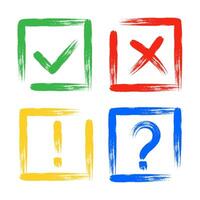 Dirty grunge cross x, tick OK, exclamation and question check marks in check boxes. vector