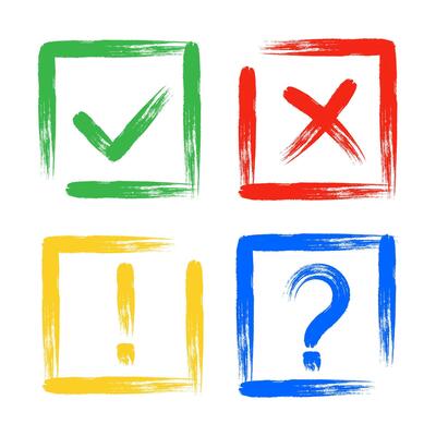 Dirty grunge cross x, tick OK, exclamation and question check marks in check boxes.