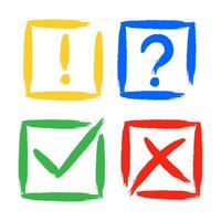 Dirty grunge cross x, tick OK, exclamation and question check marks in check boxes. vector