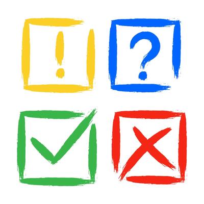 Dirty grunge cross x, tick OK, exclamation and question check marks in check boxes.