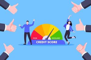 People beside credit score arrow gauge speedometer indicator with color levels. vector