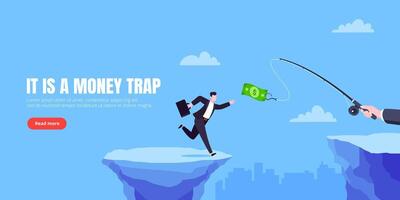 Fishing money chase business concept with businessman running after dangling dollar jumps over the cliff. vector