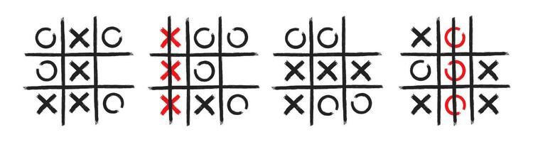 Tic tac toe xo game hand drawn grid doodle template illustration set isolated on white background vector